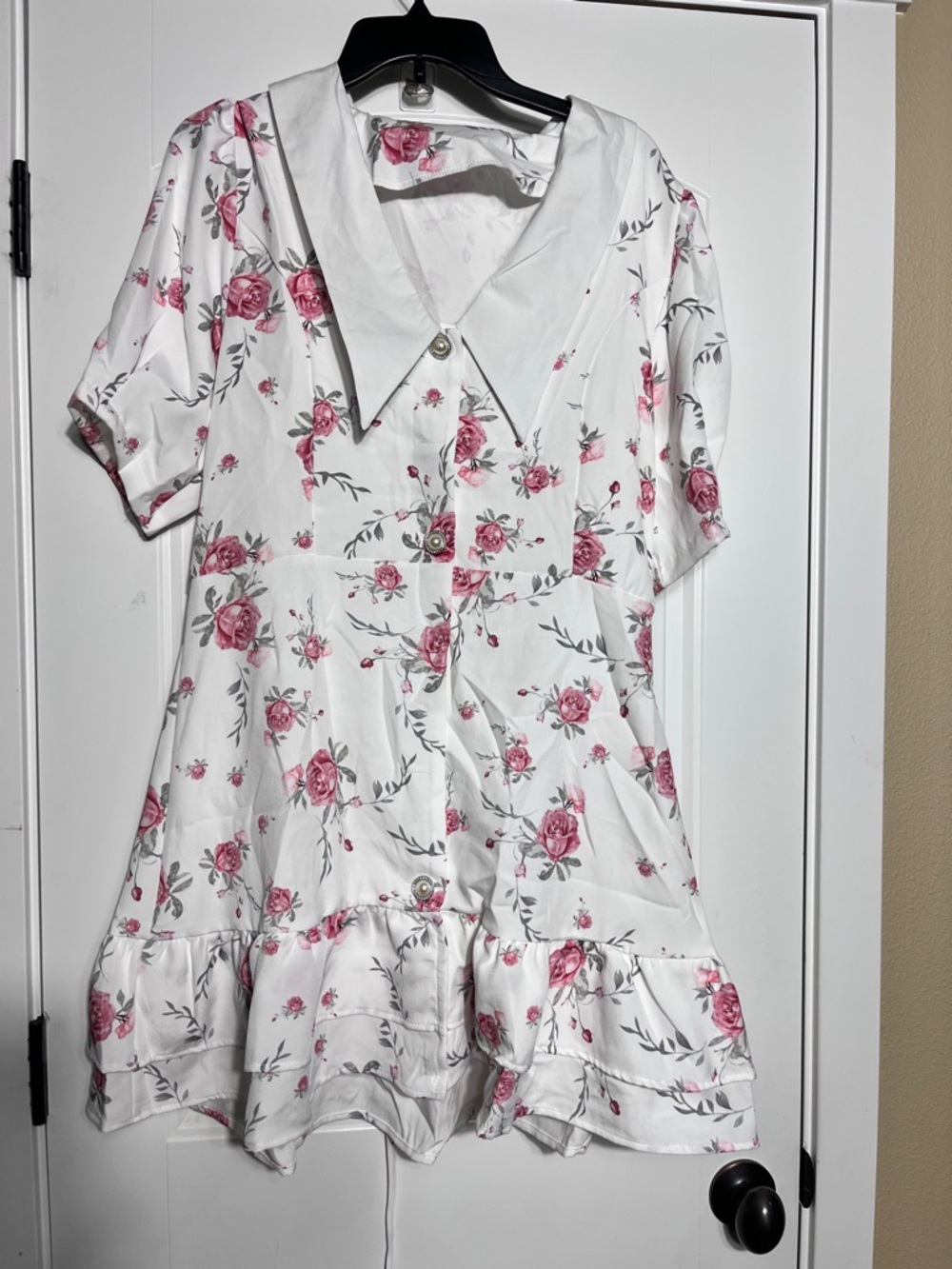 White Floral Button-Front Dress with Pink Roses
